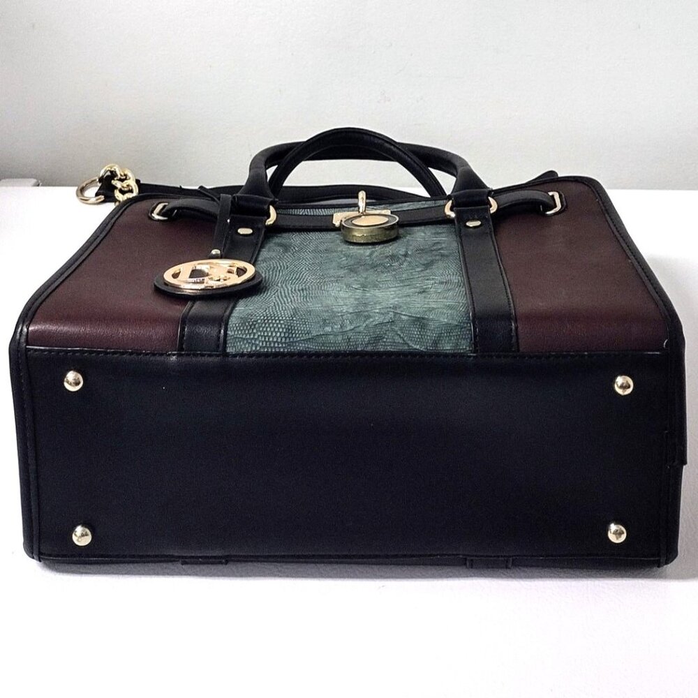 Dasein Satchel Handbag w/Shoulder Straps and Padlock (Brown/Green/Black) - Picture 6 of 10